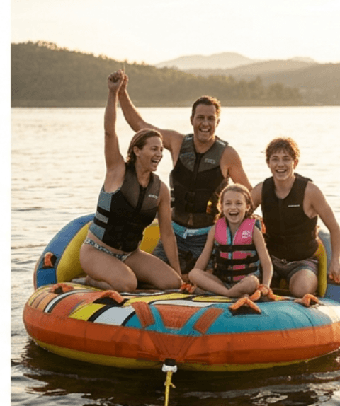 Familia celebrando sobre un inflable en el lago al atardecer